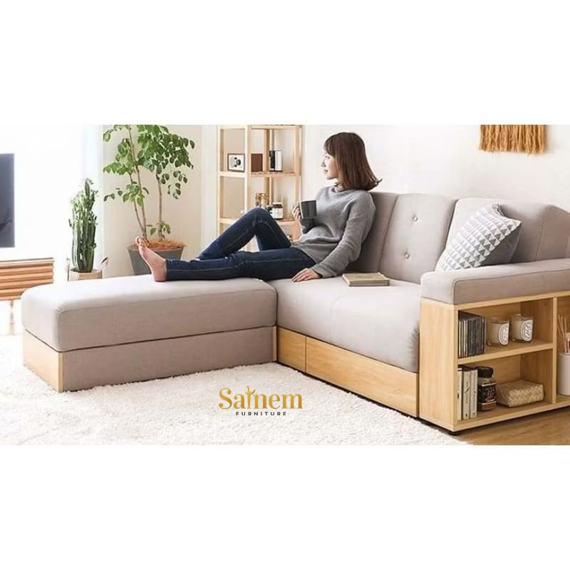 Sofa Multifungsi Modern – Abu Muda dengan Laci Simpanan, Estetik & Praktis