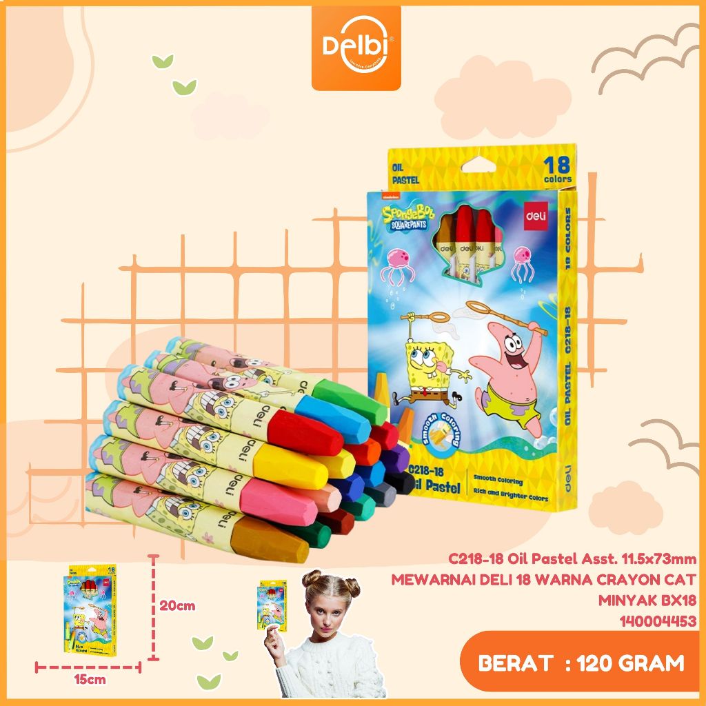 

Crayon / Oil Pastel Deli Spongebob Squarepants 18 Warna - EC218-18 C218-18 Oil Pastel Asst. 11.5x73mm