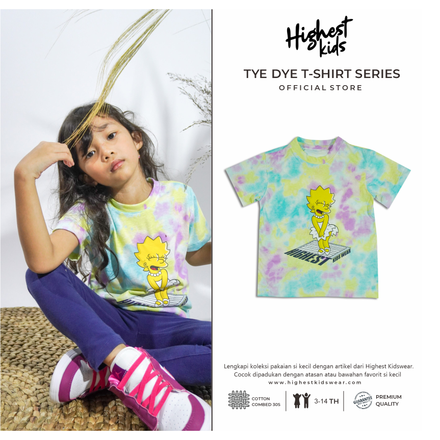Kaos Simphson Anak Cewek | Warna Tie Dye | Bahan Cotton Combed 30s | Usia 3–10th | Ukuran S–XL | Kao