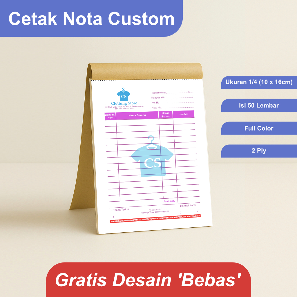 

Cetak Nota Toko Pakaian dan Retail Ukuran 1/4 Rangkap 2 Ply Gratis Desain Bebas Custom