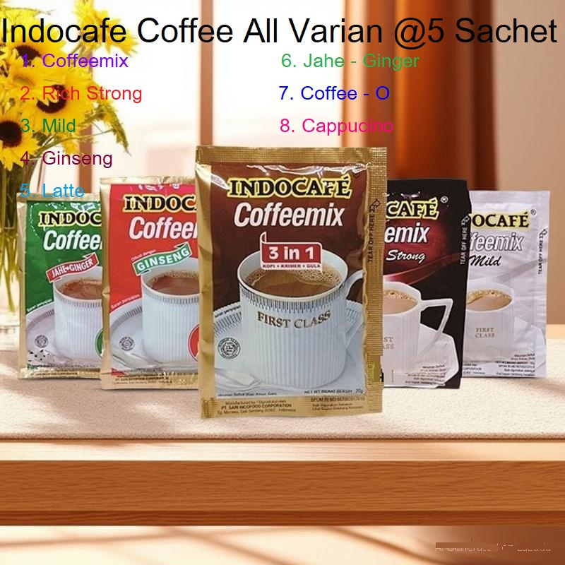 

INDOCAFE all Varian 5 sachet indocafe CoffeeMix Capucino Rich and Strong Mild Indocafe Ginseng Latte Coffee-o Max Creamer Coffee Blend Jahe Ginger