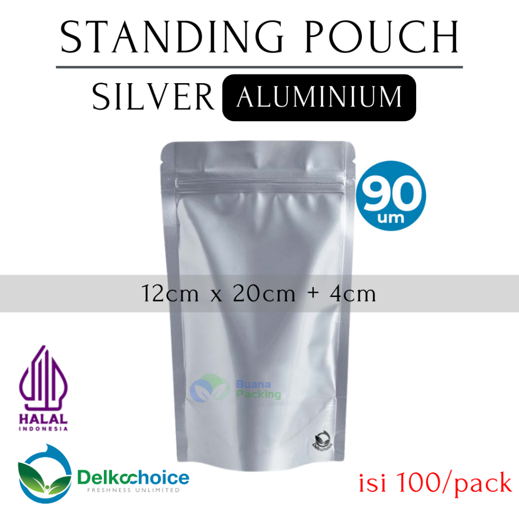DELKOCHOICE STANDING POUCH FULL SILVER ALUMUNIUM 12x20