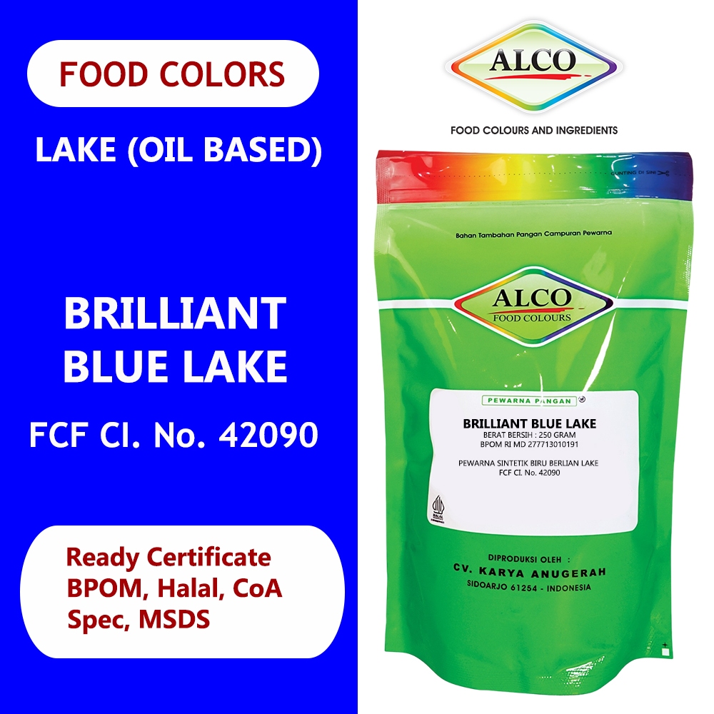 

Pewarna Makanan Minuman Kue Bubuk BRILLIANT BLUE LAKE FCF CI 42090 BIRU Oil Base Based Soluble ALCO 250 gr Single Colour