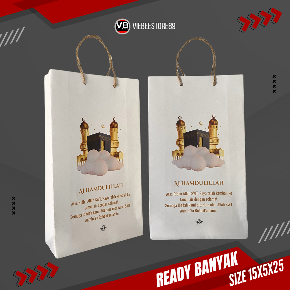 

PAPERBAG OLEH OLEH HAJI UMROH MUAT BINGKISAN DAN HAMPRES TERMURAH READY SIAP KIRIM UK -+ 15 x 5 x 25 cm