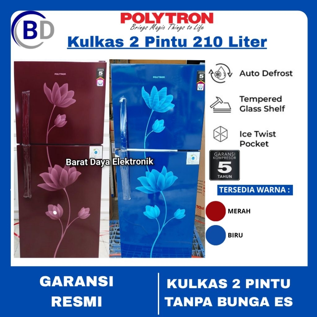 Kulkas 2 Pintu Polytron 210 Liter PRB-219R/B