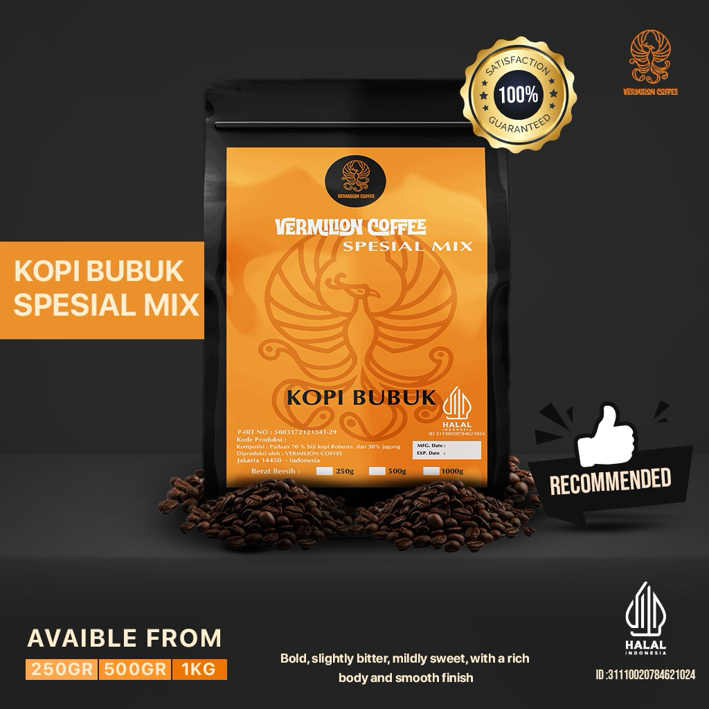 

KOPI BUBUK MIX ROBUSTA DAN ARABIKA VERMILION COFFEE