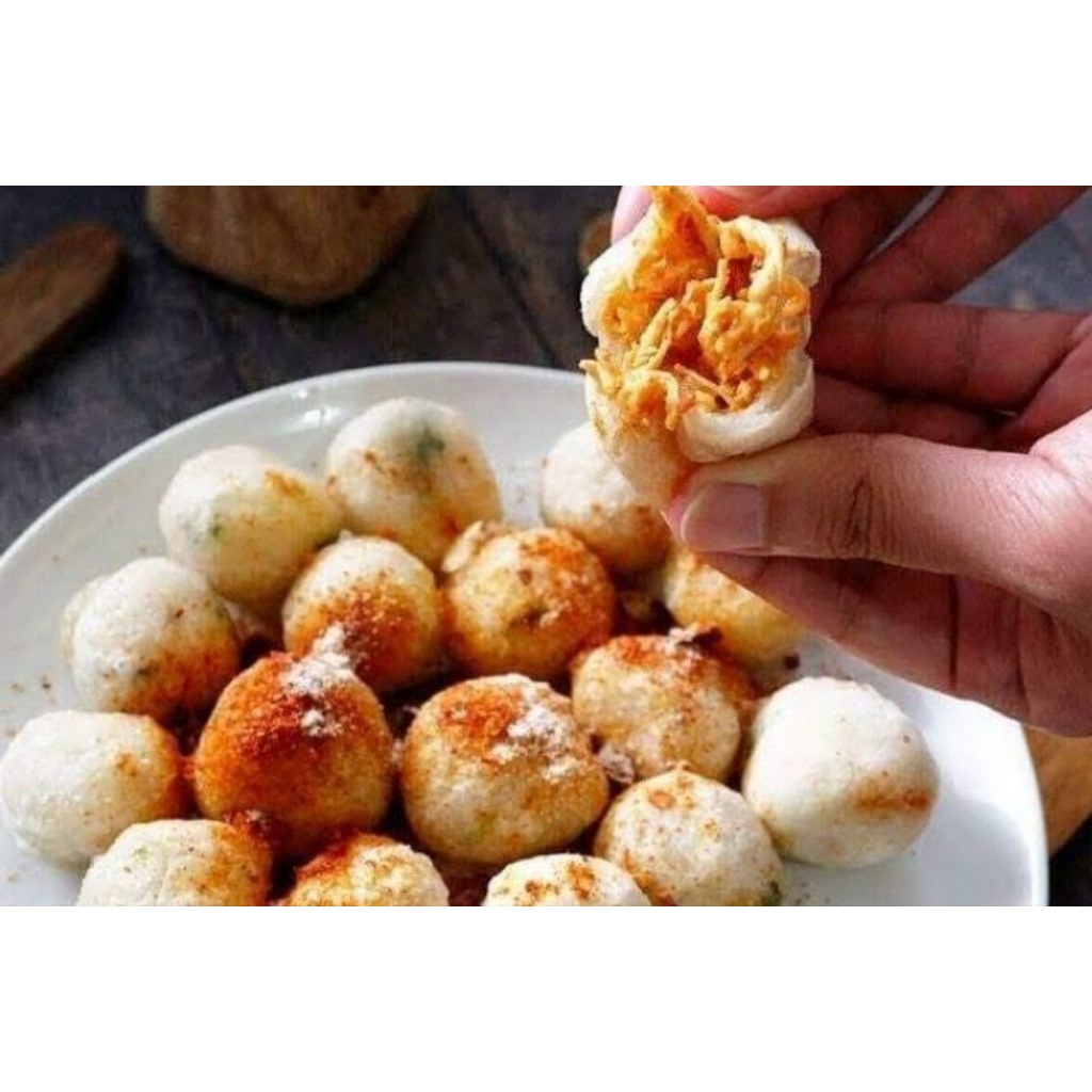 

Cimol isi Suwiran ayam pedas isi 15 biji... Pedes mantab., anti meledak