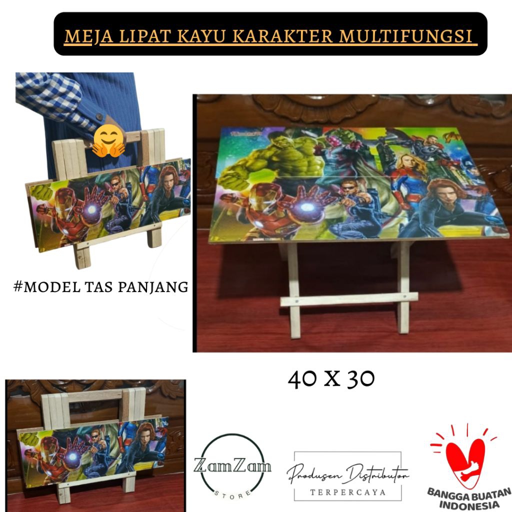 Meja Belajar Lipat Kayu Karakter Anak Lucu Model Jinjing Tenteng Segi Panjang Lesehan Serbaguna