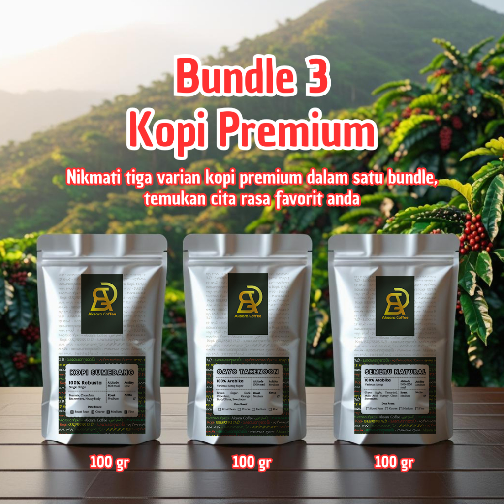 

Paket Bundle Kopi Aksara — Robusta, Arabika Gayo, Semeru Natural (3x100gr) Fresh Roast, Premium