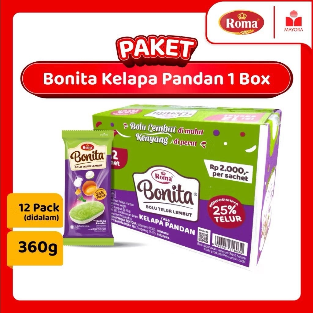 

(1 box) Roma Bonita bolu susu telur lembut rasa kelapa pandan isi 12pack