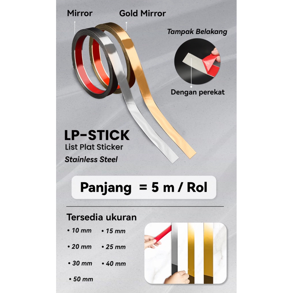 sticker plat strip stainless gold 10mm/15mm/20mm/25mm/30mm/40mm/50mm list perekat dinding keramik 5m