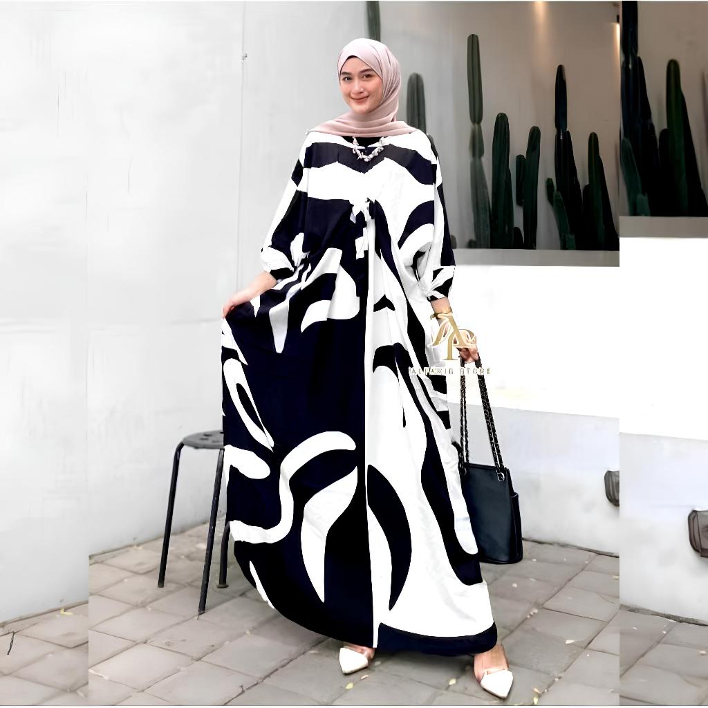 Gamis Kaftan Rayon Jumbo Premium Motif Azizah Loreng Cream Putih Ld 180 cm Busui Adem Dan Nyaman