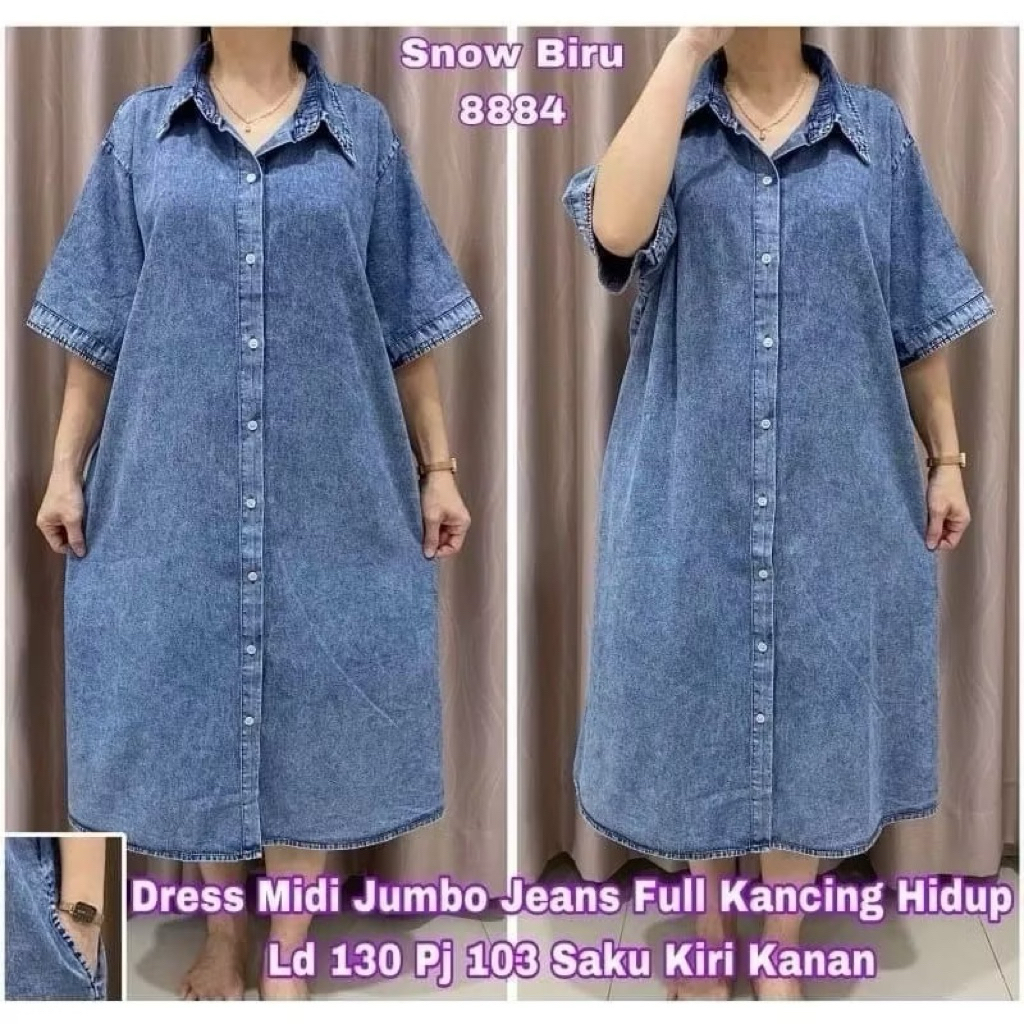 8884 MIDI DRESS JEANS POLOS JUMBO FULL KANCING WANITA|DRESS LD130|DRESS BIGSIZE