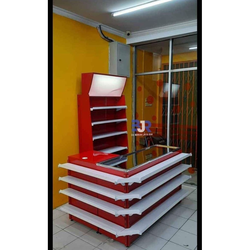 meja kasir model L toko minimarket atau supermarket