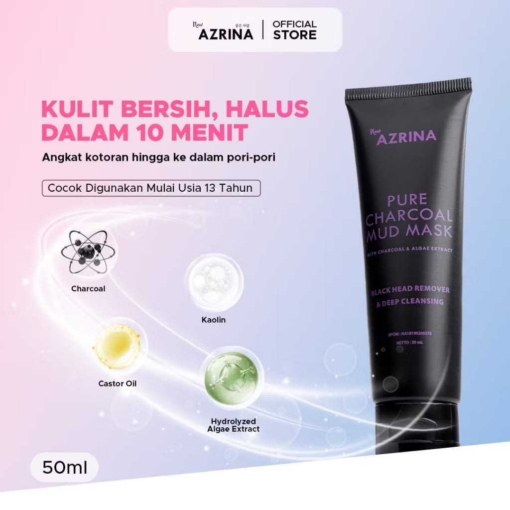 Azrina Pure Charcoal Mud Mask 50ml|25ml - Masker Wajah Brightening Wanita Pria Untuk Mengangkat Kome