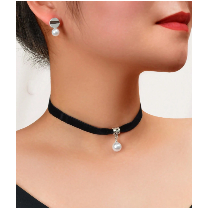 Tattoo Velvet Choker Necklace Faux Pearl Decor Silver