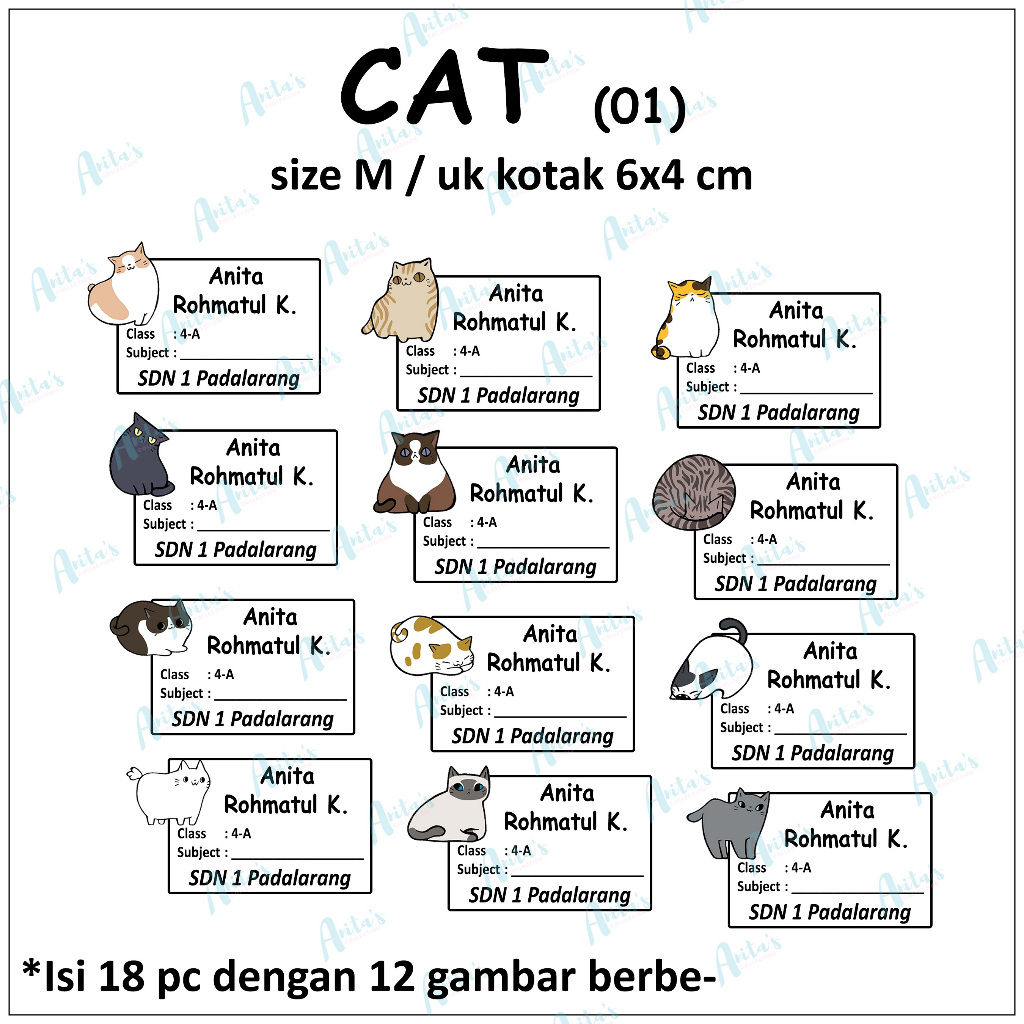 

18pc STIKER NAMA BUKU PELAJARAN ANAK SEKOLAH tema CAT 01 | size M / 6x4 cm | CUSTOM