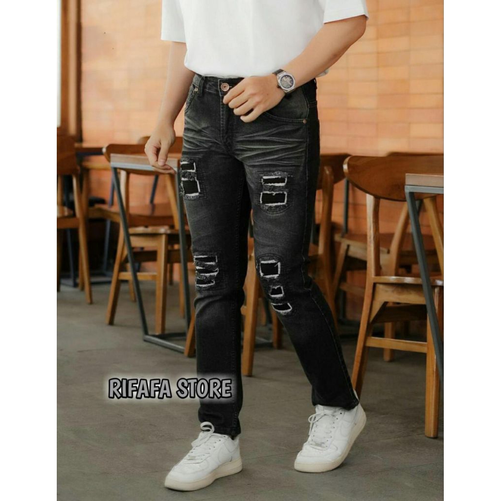 Celana Jeans Slim Fit Pria | Abu Sandwash Denim Premium Sobek Ripped Destroyer