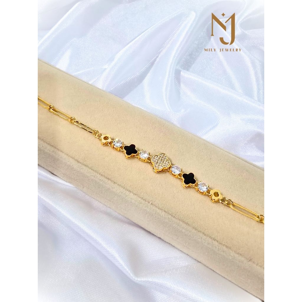 Gelang Rantai Clover Hitam Batu Permata 18cm Lapis Emas 18K 321