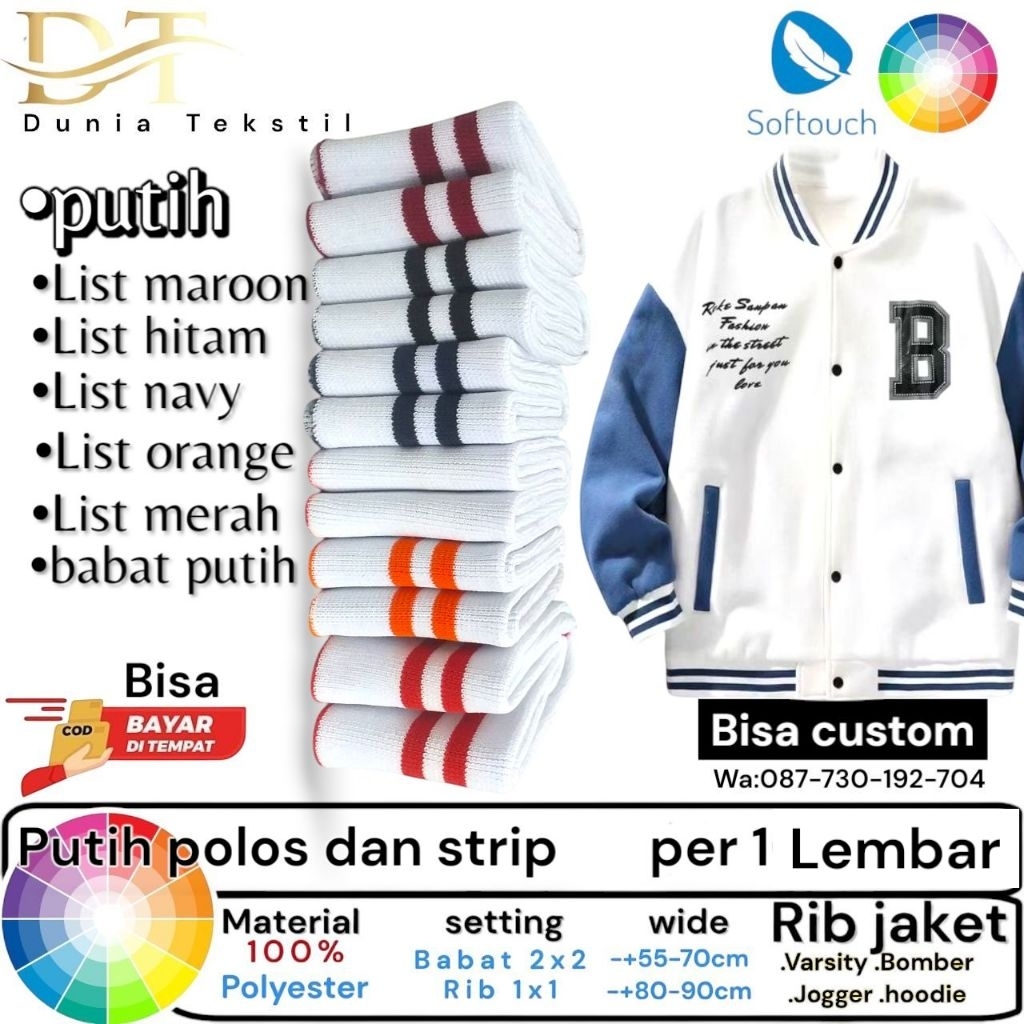Kain Rib jaket Warna Broken white Putih Rib 1x1 babat 2x2 Polyster perlembar