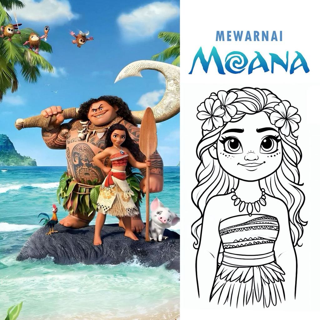 

15 Lembar A5 | Kertas Mewarnai tema MOANA | 15 Kertas gambar berbeda