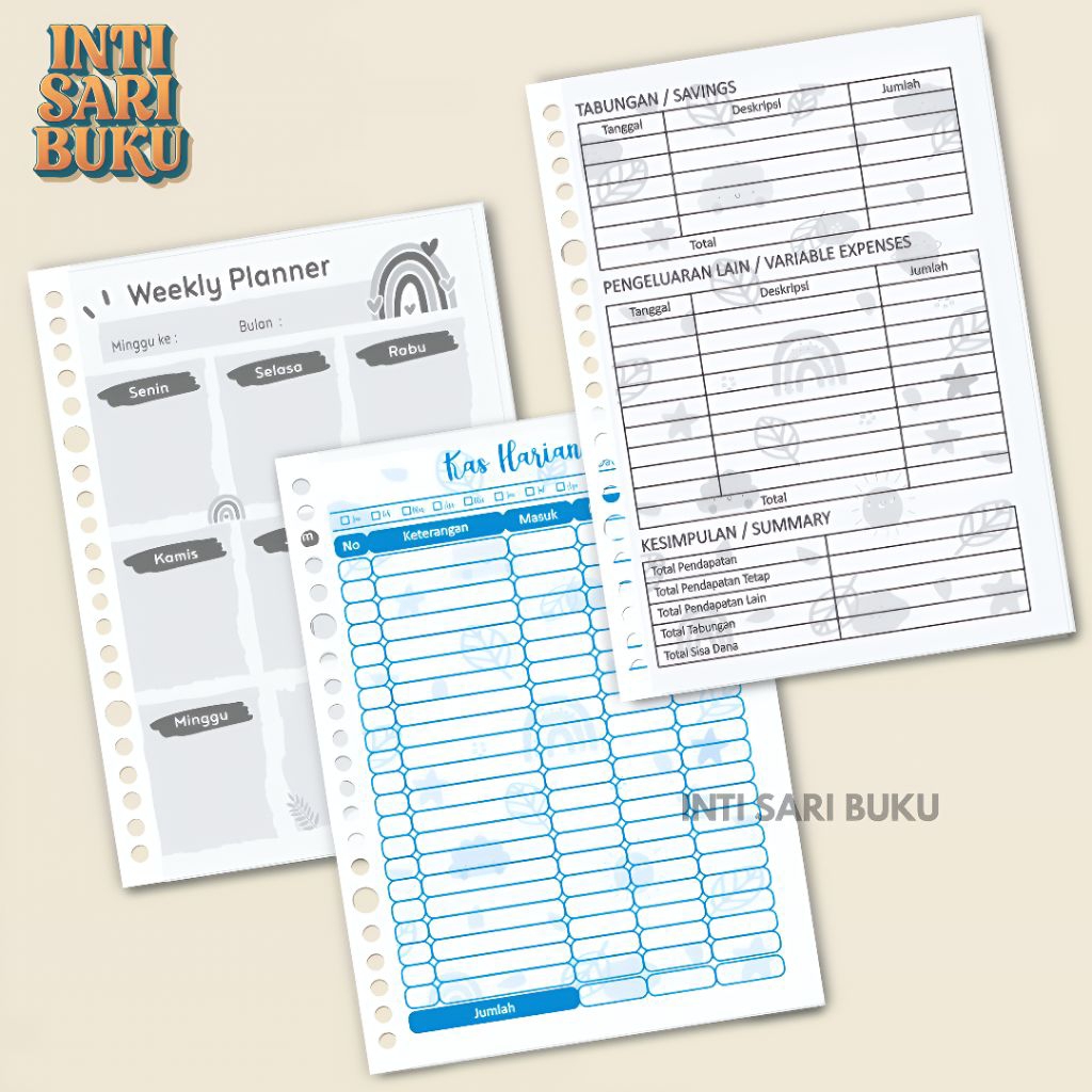 

Loose Leaf Planner A5 - 7 Motif Kas Harian / Weekly Planner / Daily Financial / Saving Tracker / Tagihan Bulanan / Weekly Meal Planner / Ibadah Thacker Isi Ulang Buku Tabungan / Kas / Tagihan / Buku Planner / Buku Kas