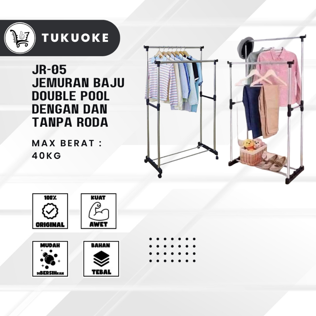 mocafeka - jr-05 jemuran baju double pole rak besi stainless steel stand hanger