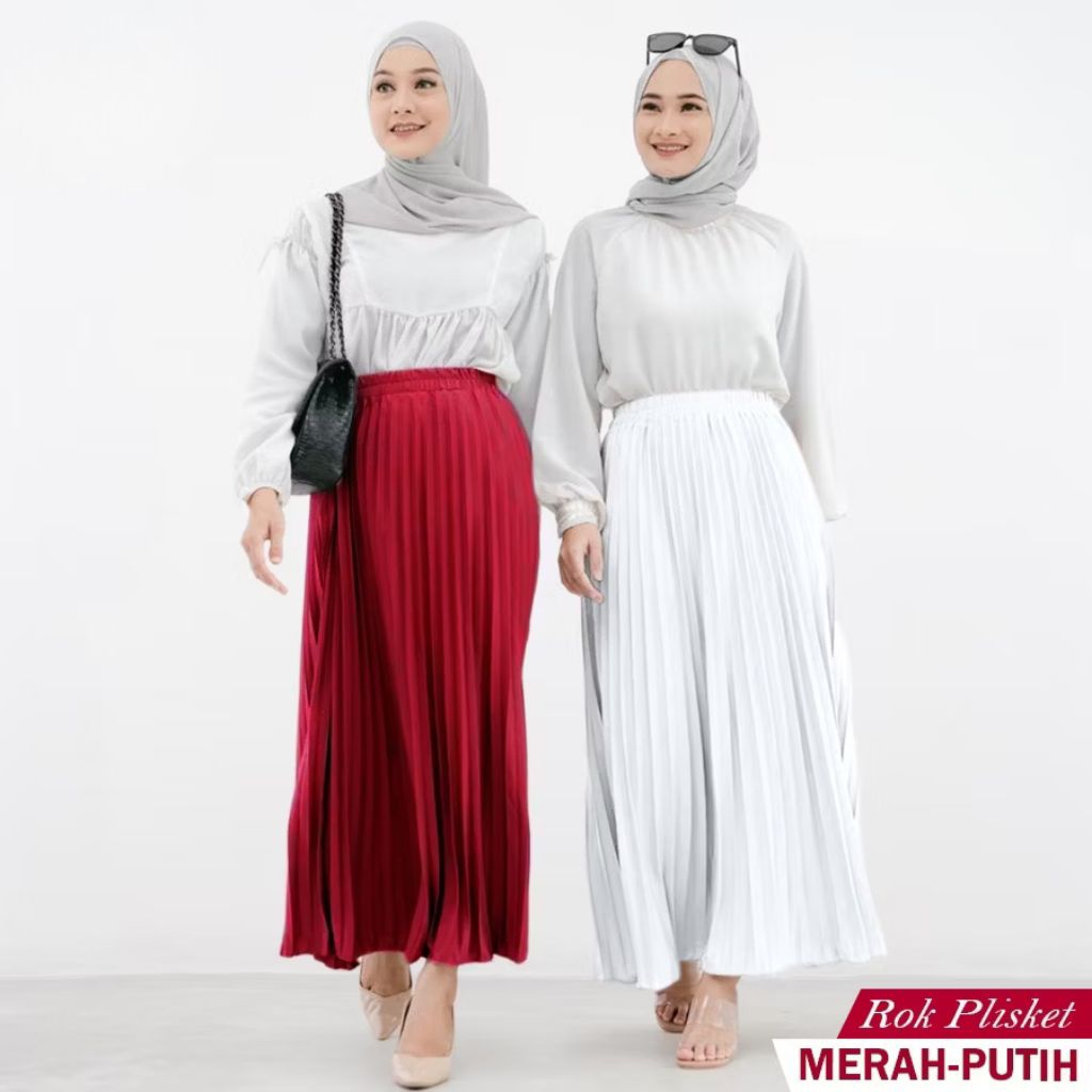 ROK PLISKET MERAH - PUTIH XXL PAYUNG PLISKED SKIRT MURAH MUSLIM IBU ACARA POLOS ROK PANJANG PAYUNG M