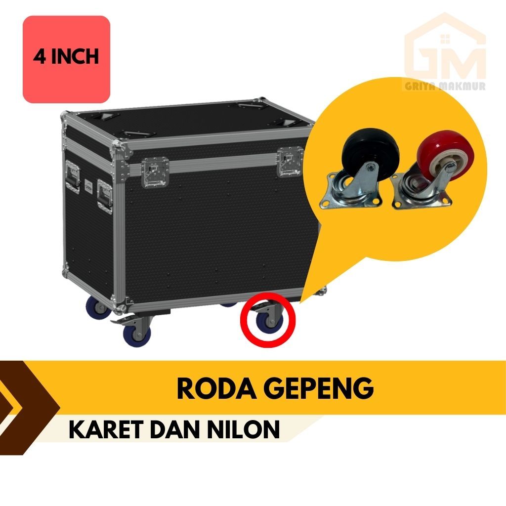 roda troli caster 4 inch karet/nilon, hidup/mati/rem