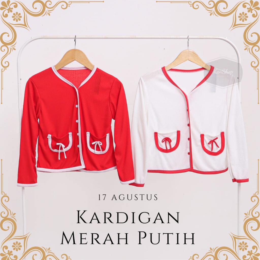 KENSHOP - Baju Kardigan Outer Wanita Rajut Merah Putih Lengan Panjang Pendek Knit Ribbon Pita 17 Agu