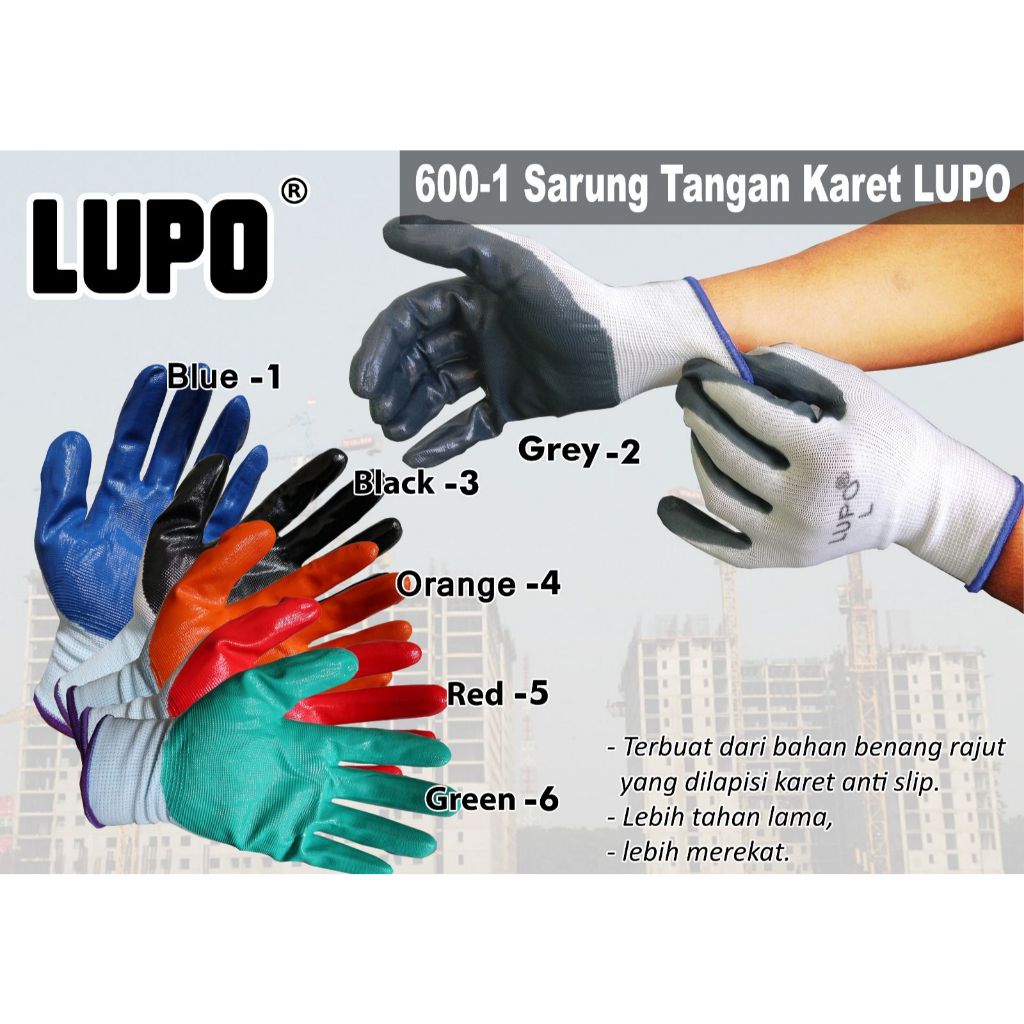 Sarung Tangan Karet Lupo Anti Slip Nylon Latex Palm Fit  Sarung Tangan kerja Safety Hand Gloves