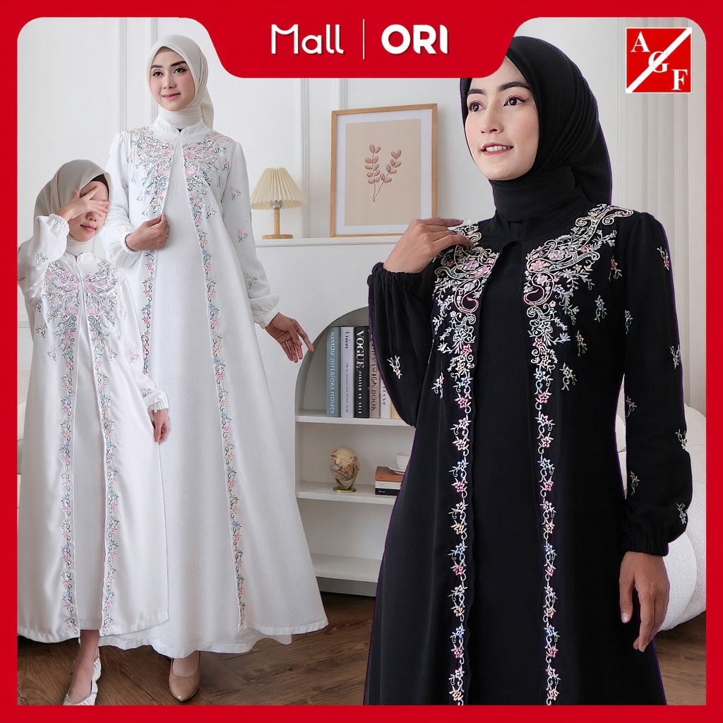 Agnes Hijab - Aiza Dress Gamis Putih Bordir Bunga Baju Muslim Wanita Abaya Hitam Gaun Pesta