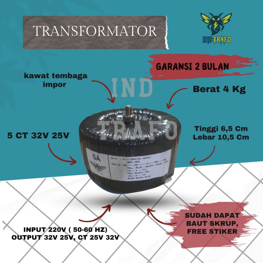 trafo toroid donat 5 ampere ct 32v - 25v