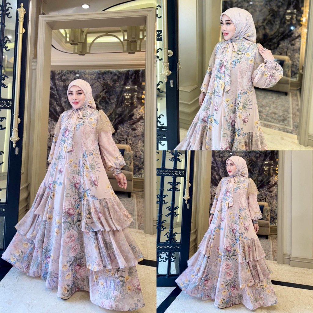DRESS SET HIJAB FLOWER TINGKAT CREAM SS SHELLASAUKIA