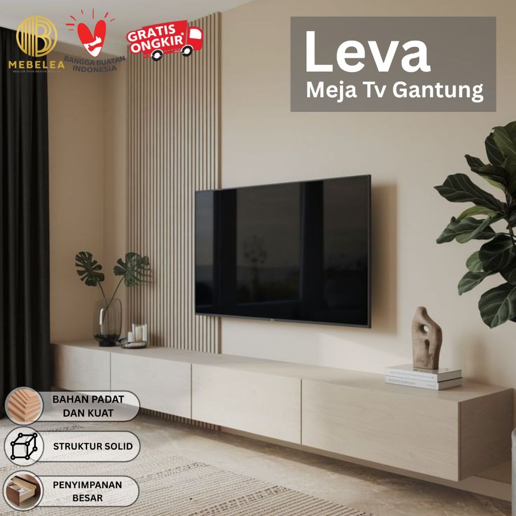 Meja TV Gantung Minimalis Plywood / Rak TV Dinding Floating Modern / Mebelea Leva Buffet TV Gantung 