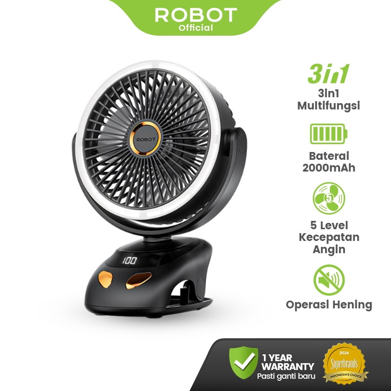 ROBOT Clip Mini Fan 3-in1 Multifungsi 2000mAh With Lamp Adjustable Angle Kipas Angin Jepit RT-BF10 P
