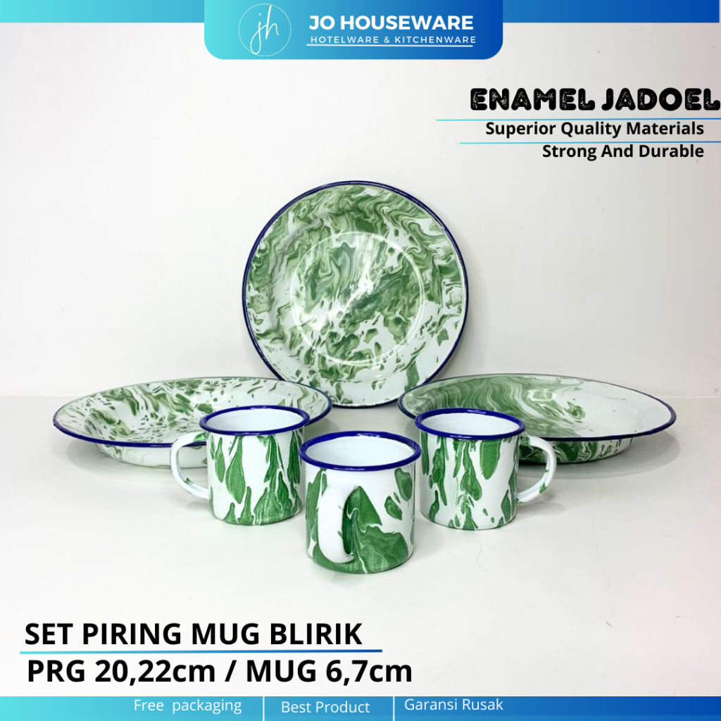 SET 6 PCS Piring Mug Enamel Motif Blirik Hijau / Enamel Jadul Vintage
