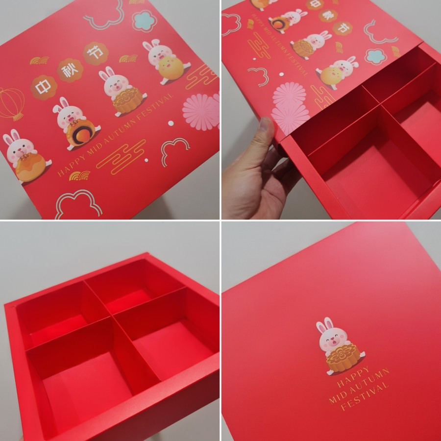 

(5pcs) dus kemasan kue bulan kotak sekat isi 4 box packaging mooncake cookies 125-150gr rabbits red