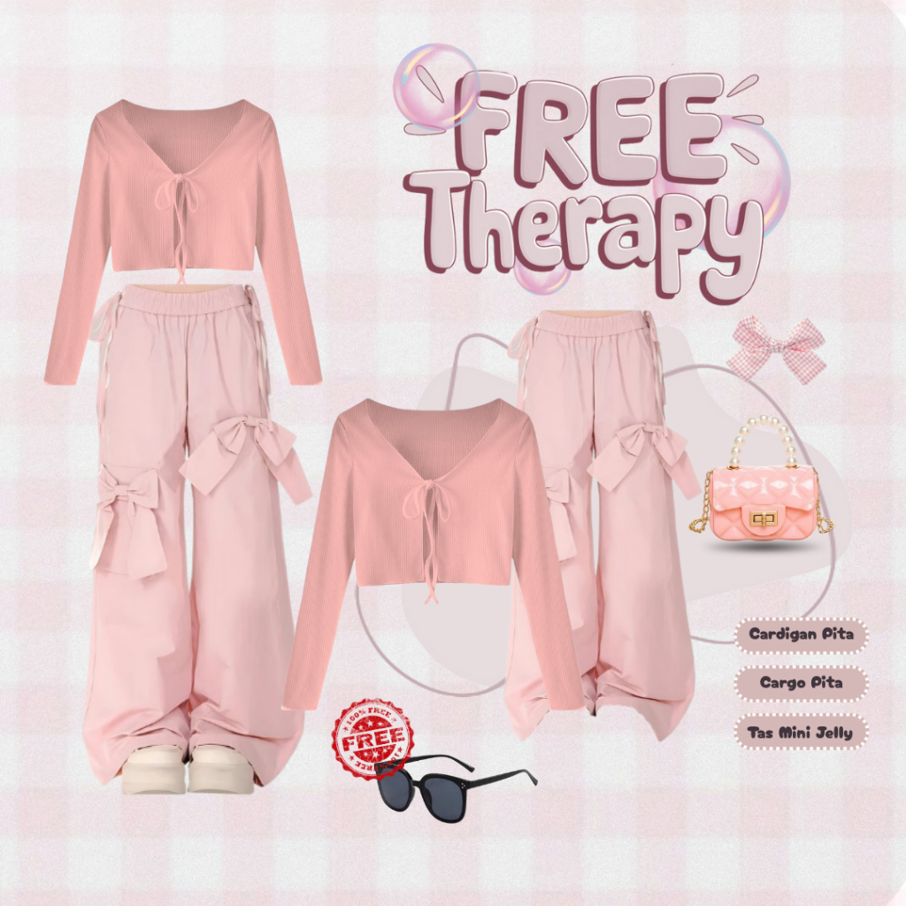 OOTD Wanita Kekinian 4in1 {Cardigan Pita Pink + Celana Cargo Pita + Tas Mini Jelly + Kacamata} TT104