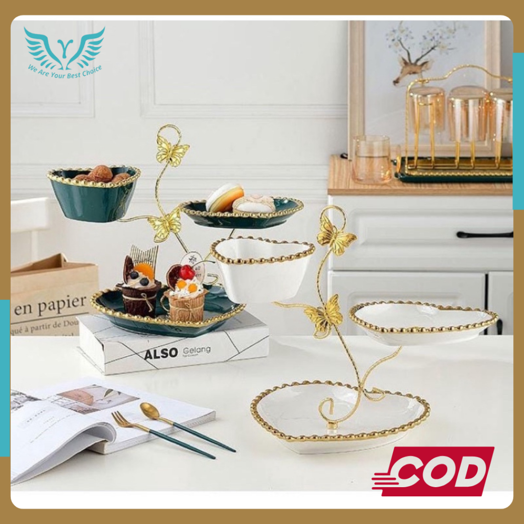 PIRING KUE TINGKAT KERAMIK BENTUK BULAT DAN lOVE ATAU SQUARE LIST GOLD ELEGANT/ WADAH BUAH BERTINGKA