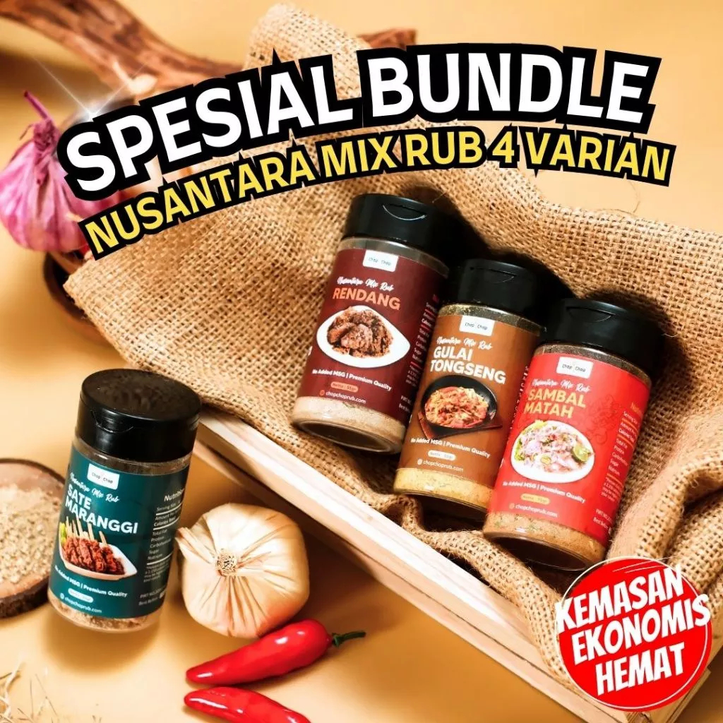 

Kebab shawarma X ChopChop Spesial Bundle Nusantara Mix Rub 4 Varian Kemasan 55 Gram , Mix Rub Sate Maranggi 55gr , Mix Rub Rendang 55gr , Mix Rub Sambal Matah 55gr , Mix Rub Gulai Tongseng 55gr KEBAB SHAWARMA