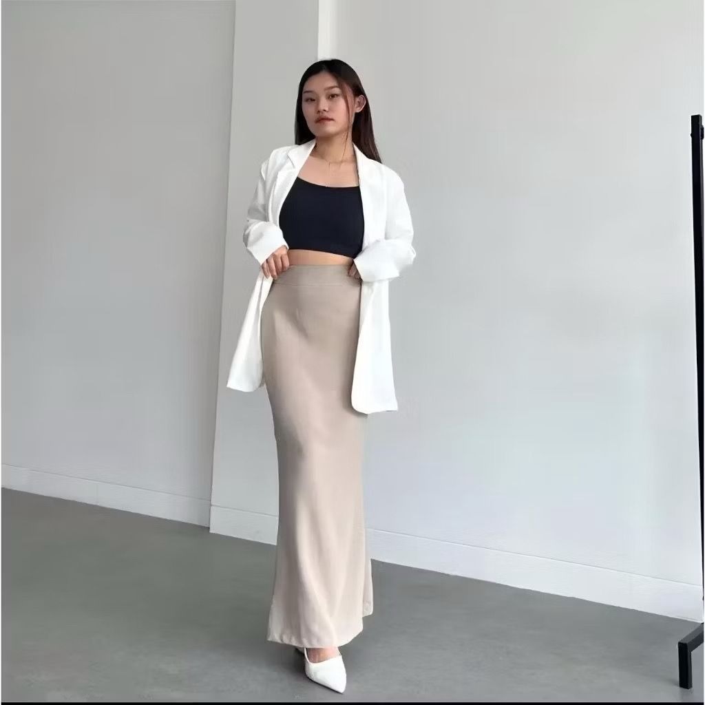 Rok Wanita Mermaid Skirt - Rok Duyung Scuba - Mermaid Maxi Skirt Rok Panjang Wanita Warna Khaki