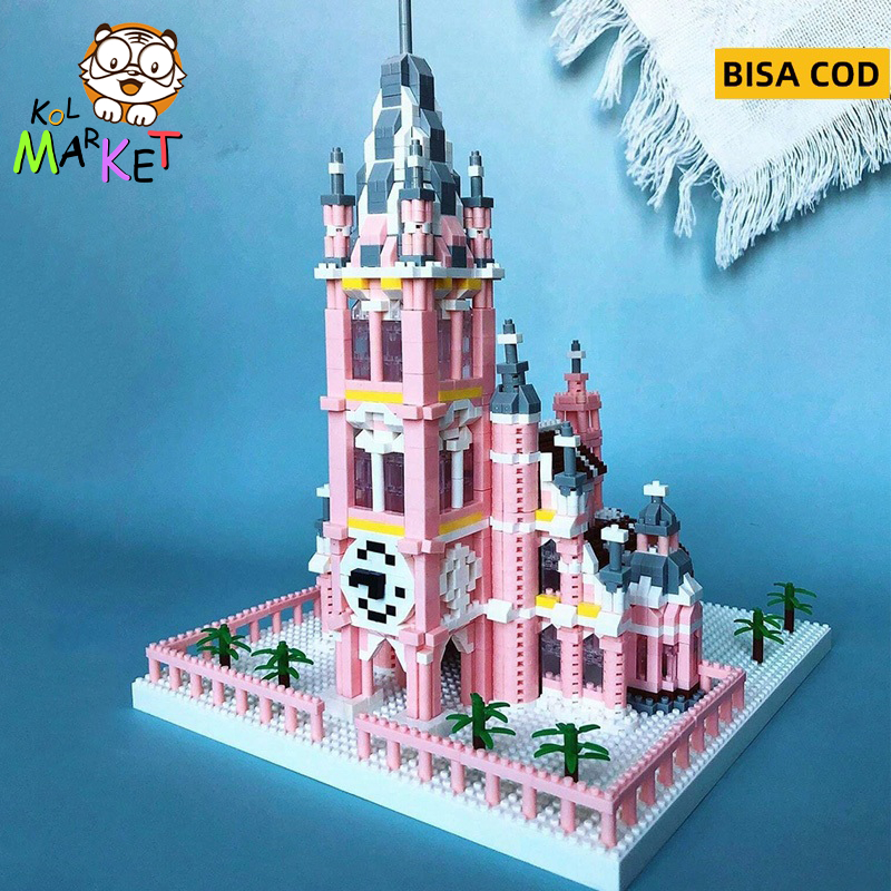 Gereja Merah Muda Blok Bangunan 3D, Gereja Hati Kudus Blok Bangunan Kecil, Model Blok Bangunan, Main