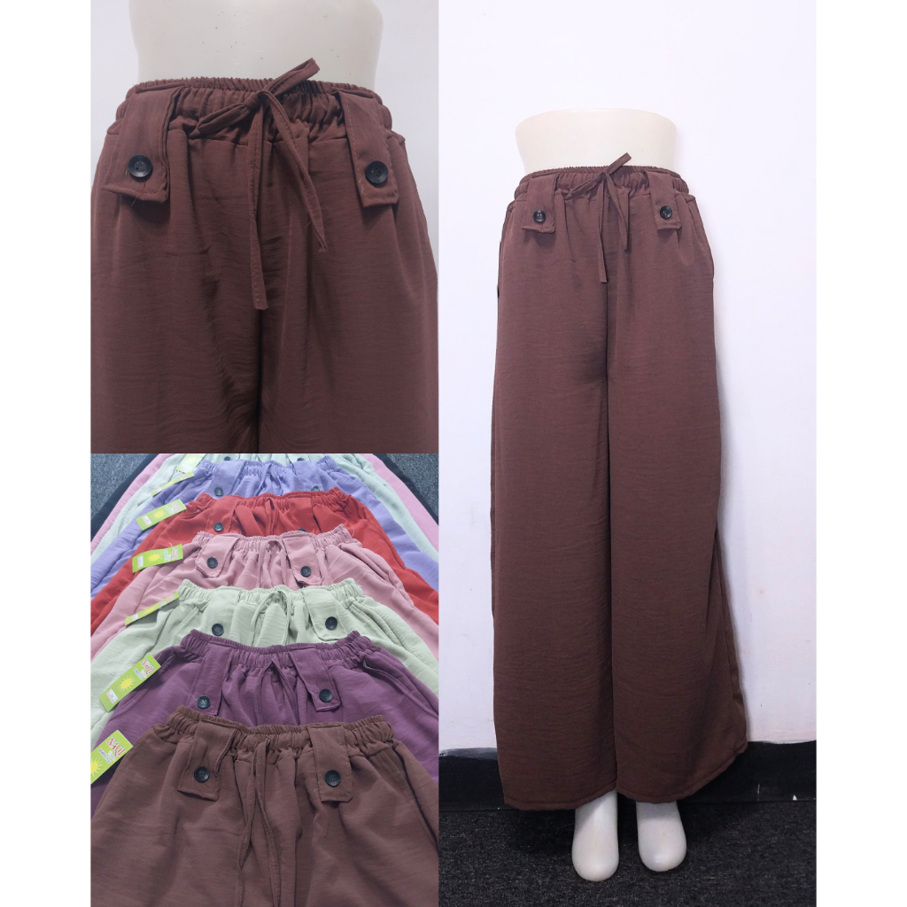 Celana Kulot Crinkle Wanita Panjang Tali Serut Kancing Skoder