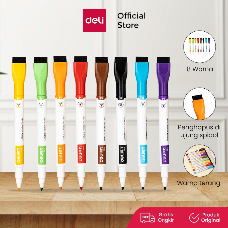 

Deli Color Whiteboard Marker/Spidol Papan Tulis+Penghapus 8Color S514