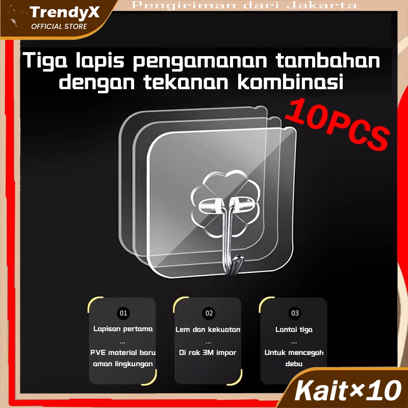 TrendyX 10 Buah Gantungan Tempel Transparan/Maks 5-8kg/Gantungan Tempel Hook/Gantungan Dinding Kait 
