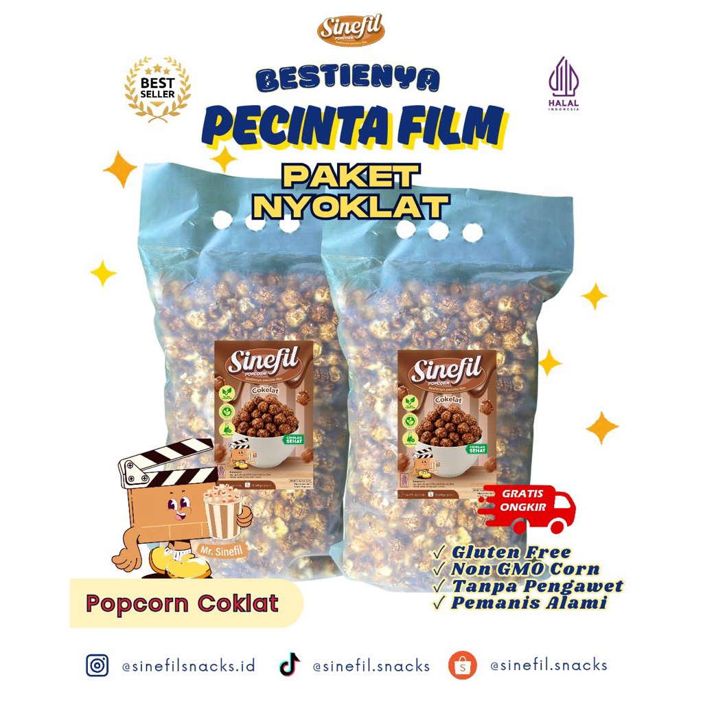 

[PAKET NYOKLAT]popcorn coklat 500gr x2- sinefil popcorn cemilan enak,manis renyah