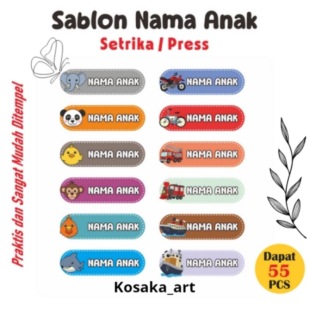 

Stiker Label Baju Anak – Sablon Setrika Nama (Isi 55) Motif Hewan dan Kendaraan Sticker Nama Label Nama Biar Ga Ketukar