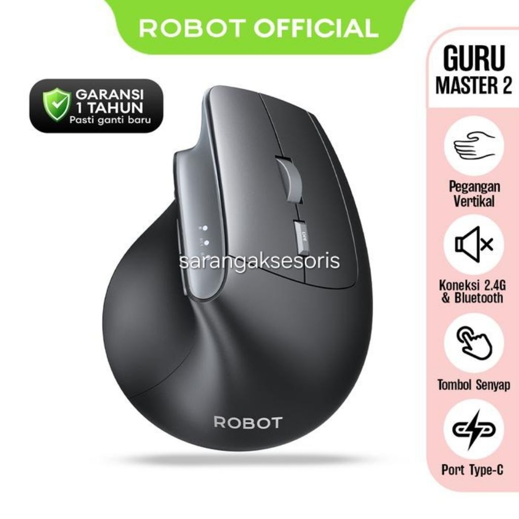 Robot Guru Master 2 Mouse Bluetooth Wireless Vertical Rechargeable Battery Silent Click
