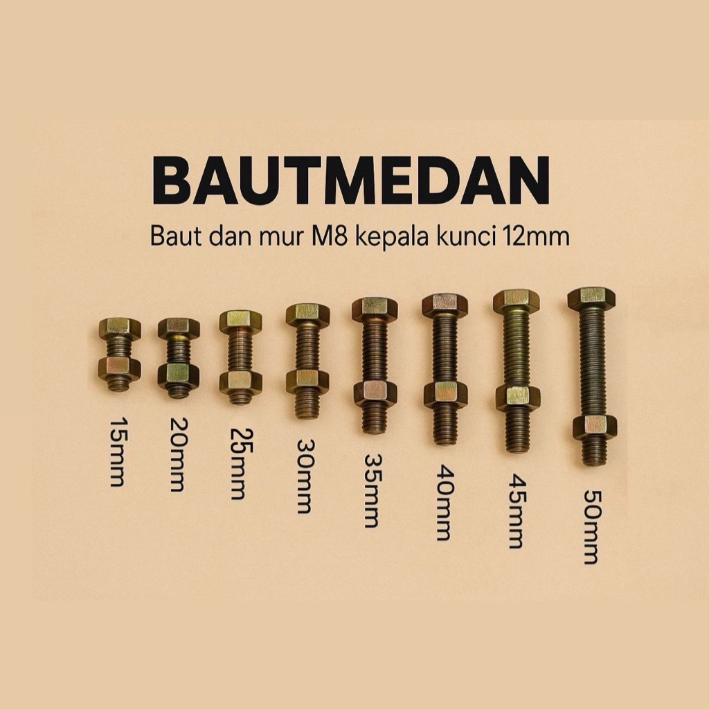 Baut & Mur ukuran M8 panjang 15-50 mm kepala k.12